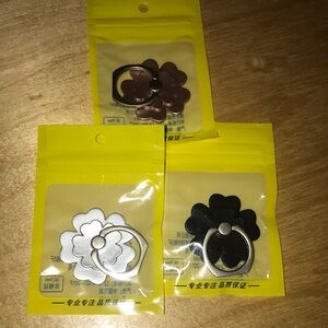 3 Flower Cell Phone Ring Set - Silver, Black and Pink